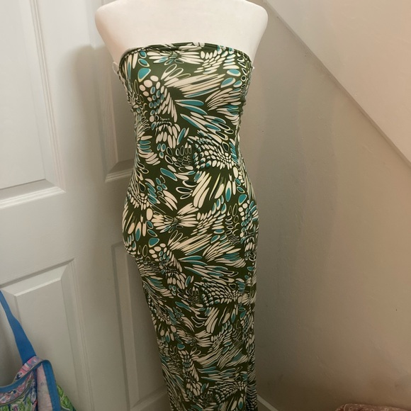 Reformation Strapless Dress in Green and Blue Pattern - Picture 1 of 3